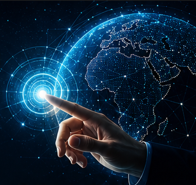 Hand touching connected digital globe